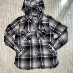 Carhartt Hooded Plaid Shirt Jacket in Black, White, and Tan